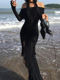 Off Shoulder Ruffle High Slit Maxi Dress-Outfit