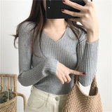 Autumn V Neck Sweater Knitted Fashion Sweaters 2021 Slim Winter Tops For Women Pullover Jumper Pull Femme Truien