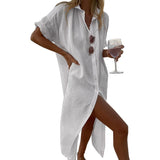 874 Spot Women's Ins Wind Solid Color Casual Long Sleeve Long Cotton Linen Shirt