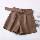 New PU Leather Shorts Women Shorts All-match Sashes Wide Leg Short Ladies Sexy Leather Shorts Autumn
