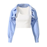 Fashion Women's Fake Two Shirt Off The Shoulder Long Sleeve Knitted Vest Patchwork Short Blue Blouse Autumn 2023 New