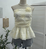 French Bud Ponp-Upple Sling Vest With Three-Dimensional Flowers Shoulder-To-Heart Thai Top