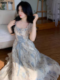 Fashion Lace Fairy Midi Dress Summer Kawaii Puff Sleeve Princess Evening Party Vestidos Women Casual Lolita Dress