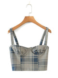 women sets short camis plaid crop top with zipper streetwear slim two piece set casual short