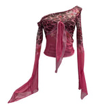 Hottie Sexy Leopard Print Mesh Fake Two Strap Long-Sleeved Top Short Slanted Shoulder T-Shirt