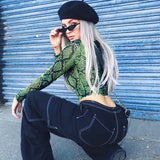 Green Snake Print T Shirt Women Mesh Top Long Sleeve Transparent Snakeskin Female T-shirt High Neck Crop