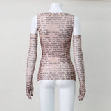 Mesh Letter Print Sleeveless Top With Gloves-Outfit