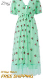 Women Party Long Dress Short Sleeve V Neck Tie-up Front High Waist Fruit Sequins Ruffle Tulle Hem Princess Dress