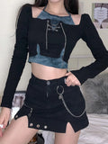 SUCHCUTE Gothic Tie Dye Print Patchwork Crop Tops Women With Chain Long Sleeve Skinny Slim T-Shirt Punk Style 90s Outfits