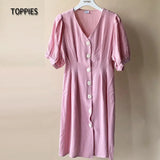 Summer Linen Dress Woman Short Sleeve Slim A-line Mini Dress V-neck Single Breasted vestidos mujer