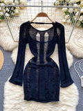 Streetwear Fashion Hollow Out Beach Dress Women Long Sleeves Backless Midi Dress Elastic Slim Knitted Sexy Short