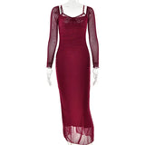 Burgundy Sheer Long Sleeve Bodycon Maxi Dress- Outfit