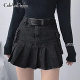Pleated Denim Skirts Women Dark Academia Fashion Skirts Goth Black High Waist Skirt 90s Korean Pockets