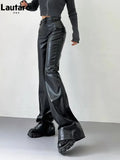 Spring Autumn Cool Casual Soft Black Pu Leather Floor Length Flare Pants for Women High Waist Korean Style Fashion