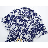 Blue Floral Shirt Dress Woman Vintage Print Long Dress Women Short Sleeve Elegant Chic Women Dresses Casual Summer