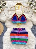 Vacation Beach Style Knitted Suits Halter Lace up Backless Camis+Hook Flower Drawstring Slim Skirt Fashion Sexy