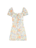 Summer Sweet French Floral Dress Elegant Square Collar Puff Sleeve Mini Vestidos Flower Print Fairy Dresses Ins Hot
