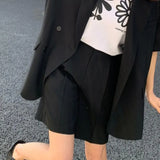 Sets Women Summer Simple Notched Short Sleeve Street Office Trendy Korean Style High Waist Baggy Cozy Female Two