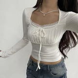 Lace Trim Stitching Square Neck Long Sleeve TeeOutfit