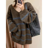 Breeze Loose V-Collar Head Striped Sweater Autumn And Winter Retro Temperament Medium-Long Style Sweater