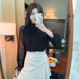 Chiffon Shirt Women's Design Sense Niche Standing Collar Mesh Shirt 2025 Spring And Fall Vintage Hong Style