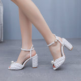 Cm Coarse Heel Sandals Square Coarse Sandals White Pearl Wedding Dress Sandals Pearl Wedding Shoes