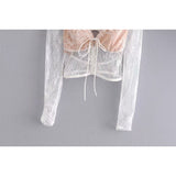 New Women's Low-Chest Romance V-Neck Long Sleeves After The Hollow Bubble Bubble Sleeve Lace Tset