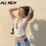 Y2K Streetwear Ruched Lace Crop Tops 2000s Vintage Ruffles Short Sleeve White T-shirts Single-breasted Sexy Outfits