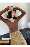 Korean Style T Shirt Women Patchwork Y2k Fake Two-piece T-shirt Long Sleeve Halter Tops Knit Crop Tops American