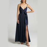 2022 Summer Women Satin Long Dress Spaghetti Strap Sexy Backless Slit Party Maxi Silk Slip