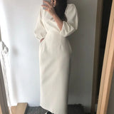 Spring New Elegant Office Ladies Bodycon Dress Fashion Sexy Solid Color Midi Women Slim Party White OL