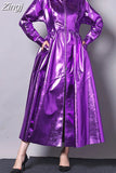 Autumn Long Shiny Reflective Patent Pu Leather Trench Coat for Women Zipper Runway Fashion Luxury Designer Clothes