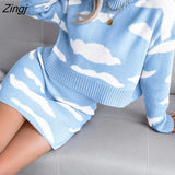 Sweet White cloud printed Two-Piece skirts sets Women's New O Neck Long-Sleeved Loose Sweater with skirts 2 piece