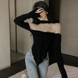 Shoulder Long Sleeve Top Tee Shirt Femme Y2K Clothes Green Tops Mujer T-shirt Black Sexy Funny T Shirts Women