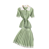 Zingj Collar Short-Sleeved Shirt Top High Waist Shows Thin Pleated Skirt Two Sets Of