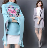 Printed Tassel Knitting Poncho New Fashion Long Batwing Sleeve Swing Sweater Wrap Cardigan Female V