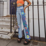 Vintage Flower Patchwork Jeans Woman High Waist Denim Trousers Streetwear Women 2022 Summer Indie Clothes