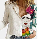 2021 Women Botton Vintage Polo-Neck Office Lady Spring Summer Loose Casual Cartoon Printing T-Shirt Long