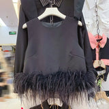 2023 Autumn And Autumn New Fashion Round Neck Solid Color Temperament Feather Splicing Sleeveless Women Fur Vest