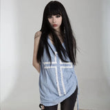 Aesthetic Tank Top Women Gothic Punk Cross Patchwork Harajuku Streetwear Sleeveless Tee Pleated Bandage Fairy Grunge