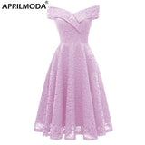 Purple Slash Neck Tunic Midi Dress Lace Off Shoulder Women Party Elegant Floral Ladies Short Formal Casual
