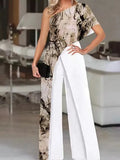 Fashion New Printed Wide Leg Pants Romper Elegant Female Loose Long Office Overall Commute Slash Neck Women Sexy