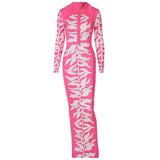 Women Autumn Long Sleeve Floral Printed Bodycon Pink Long Dress 2021 Fall Wholesale Clothes Streetwear