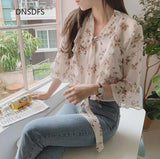 Shirts Korean Ladies Fashion Ruffle Half Sleeve Chiffon Shirt Simple Bow Tie Floral Print Blouse Women Tops Blusas