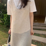 Zingj Lovely Condole Belt Hollow Out Fold Wear V-Neck Vest Dress Loose Languid Lazy Feeling Knit In Long Smock Skirt Female-Outfit