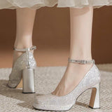 Thick With New Mary Jane Crystal Shoes A Word Button Wedding Shoes Bride Shoes Small Square Head High Heels