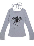 Aesthetic Spider Print Women Long Sleeve T-shirt O Neck Bandage Vintage Solid Slim Fit Tshirts Harajuku Sexy Tee Shirt