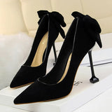 Zingj Korean Version Sexy Skinny High-Heeled Shoes Women's Shoes With High Heel Suede Shallow Pointed Bow Single