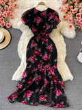Lotus Leaf Waist Shows Lean Temperament Lady V Collar Bag Hip Fishtail Chiffon Dress Fashion Dress