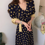 Summer Women Lace Up Floral Dress V-Neck Slim Elegant Midi Runway Puff Sleeve